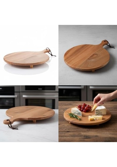 Ayaklı Akasya Sunum Tabağı Ve Servis Tahtası 40x30 Cm Doğal Ahşap Modern Peynir, Şarküteri, Pizza Ve Kahvaltı Tahtası Saplı Ve Yükseltilmiş Ayaklı Sunumluk 15cm