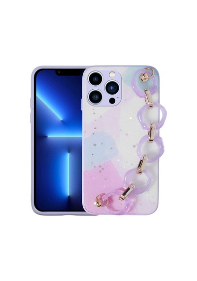 Apple Uyumlu iPhone 13 Pro Max Simli Desenli El Askılı Tutacaklı Elsa Silikon Kılı Lila Lila