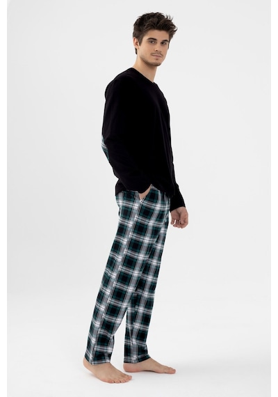 Koza İç Giyim Erkek Pamuklu Uzun Kollu Yamalı Ekose Desenli Pijama Takımı Ko60104 Yeşil