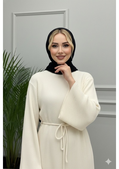 Defymoda Kadın Krem Ribanalı / Fitilli Uzun Tesettürlü Kışlık Elbise - Çan Kol Detaylı Astarlı/örme Kremrengi