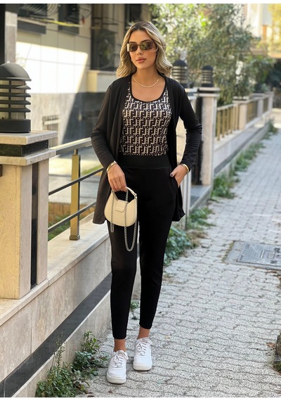 Cottonlab Kadın Uzun Kollukrep Üçlü Takım Siyah
