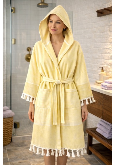 %100 Pamuk Dokuma Kapüşonlu Cepli Unisex Peştemal Pike Bornoz Ultra Yumuşak M/l/xl Beden Sarı