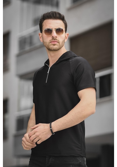 Allard Ottoman Kumaş Slim Fit Fermuarlı Kapüşonlu Erkek Tshirt 001