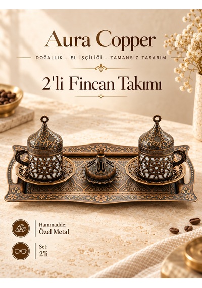 Osmanlı Motifli Türk Kahvesi Fincan Takımı Kapaklı Tepsili Özel Metal Sunum Seti Ac-ft-002/2'li Eskitme Renk