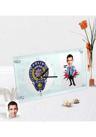 Kişiye Özel Bay Polis Karikatürlü Masaüstü Cam Saat - 1