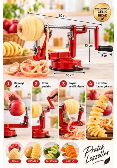 Paslanmaz Çelik Spiral Elma Patates Soyucu Dilimleme Makinesi Vantuzlu Dilimleyici Slicer Kırmızı