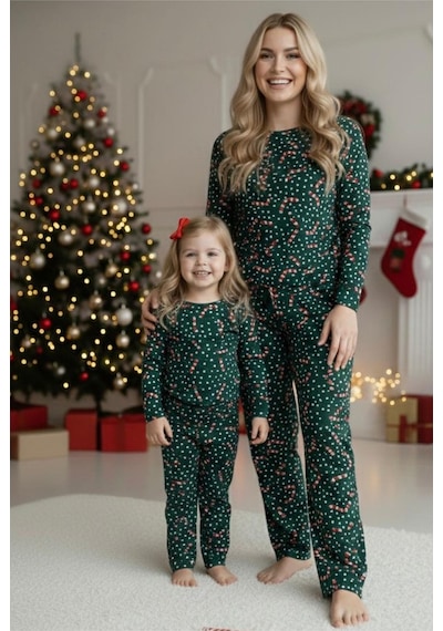 Siyah İnci %100 Pamuklu Puanlı Şeker Baston Desenli Yılbaşı Temalı Örme Pijama Takım Yeşil Puanlı Baston