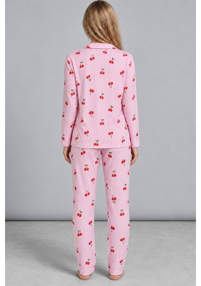 Fit Women Kadın Kiraz Desenli Pötikare Pembe Pijama Takımı 4793