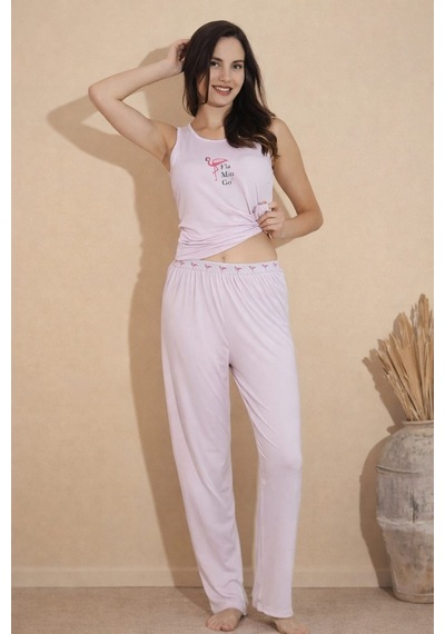 Pemilo Kadın 20608 Kolsuz % 100 Pamuk Pijama Takımı Pudra