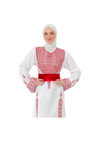 Zaytoon Filistin Nakışlı Modern Beyaz Kaftan Elbise - Geleneksel Şıklık Kırmızı