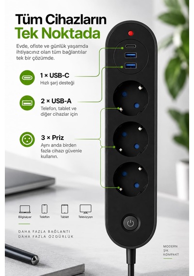 Robeve Blic Termal Akım Korumalı 3 Lü Priz 2500w 1 Usb-c + 2 Us