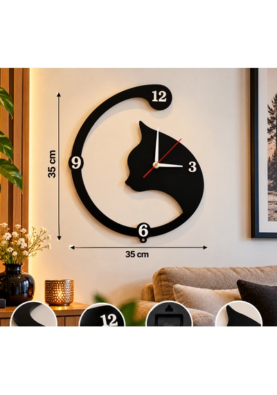 Kedi Ve Balık Figürlü Dekoratif Mdf Duvar Saati 35x35 Cm Siyah Beyaz Tasarım