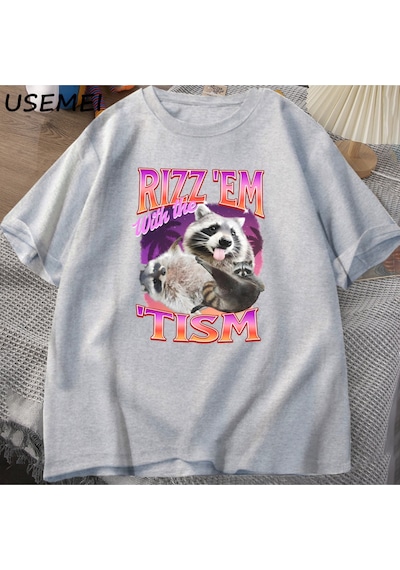 Flood Of Style Rizz Em Tism İle Retro Tişört Adam Komik Rakun Grafik T-shirt Unisex Opossum T Shirt Kadın Er Gri