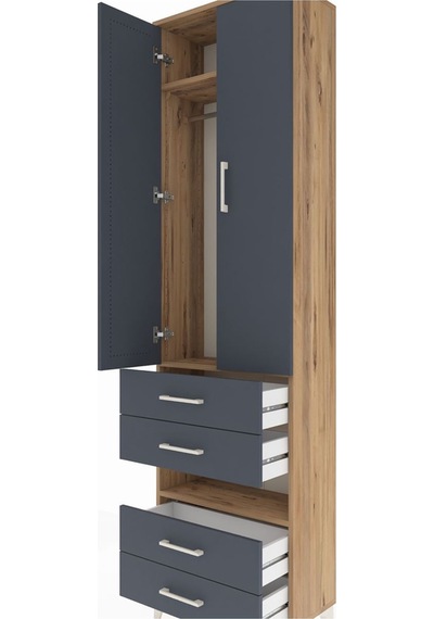 Arges Dolap 3 Raflı 4 Çekmeceli Tek Askılı 60x30x221 Çam-antr... Çam