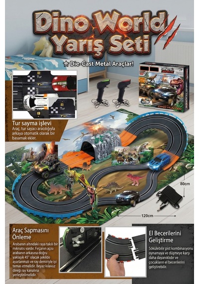 Dino World Dino Hunter Slot Track Yarış Seti - 120x80 Cm Dinozor Temalı Işıklı Araba Pisti Çok Renkli