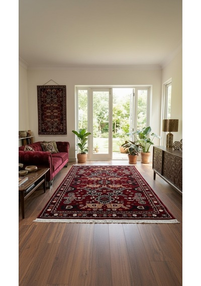 Nakış Serisi Kırmızı Zeminli Etnik Motifli Şık Salon Halısı Af314 Red Çok Renkli