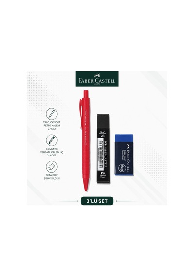 Faber-castell Tri Click Soft Retro 0,7 Kırmızı Versatil Kalem+0,7 Uç+orta Boy Sınav Silgisi
