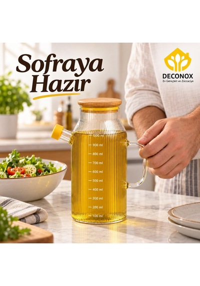 Bambu Kapaklı Çizgili Cam Yağlık 1000 Ml, Kulplu Yağdanlık, Kapaklı Dökme Ağızlı Şeffaf Zeytinyağı Ve Sıvı Yağ Şişesi, 1 Litre