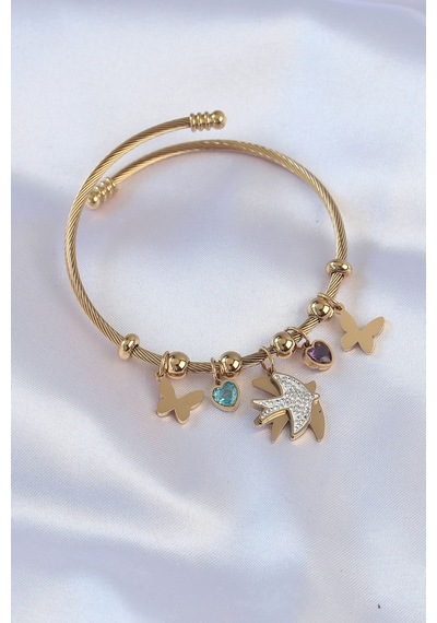 Ezoconcept 316l Çelik Gold Renk Zirkon Taşlı Minimal Kalp Detay Kelebek Charm Bileklik Çok Renkli