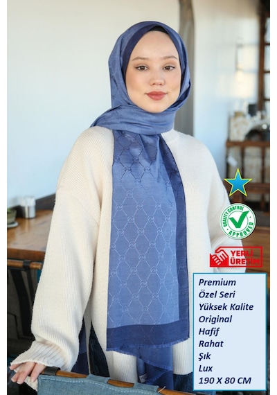 Premium Lux Original Monogram Şal İpek Vual, Yüksek Kalite, Hafif, Rahat, Şık, Tesettür, Shawl Mavi Lacivert Şeritli