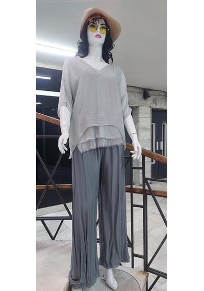 Bohem Stil Italyan Korse Belli Astarlı İpek Pantolon Koyu Gri