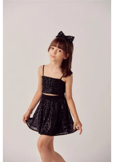 Miço Kids Pul Payet Kız Çocuk Abiye Takım Etek Crop Siyah