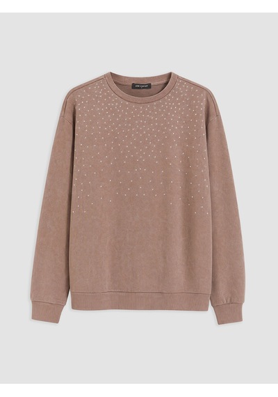 Lcw Comfort Kahverengi Bisiklet Yaka Taşlı Kadın Sweatshirt