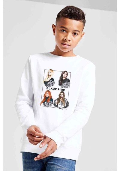 Tshirthane Kpop Blackpink Black Pink Baskılı Unisex Çocuk Beyaz Sweatshirt