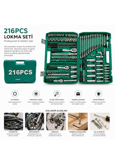 216pcs Lokma Seti Lokma - Soket - Bits Adaptör - 3ad.cırcır Kolu Plastik Çantalı