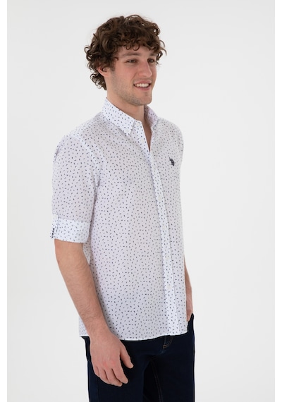 U.S. Polo Assn. Erkek Lacivert Baskılı Beyaz Gömlek 50306371-VR033