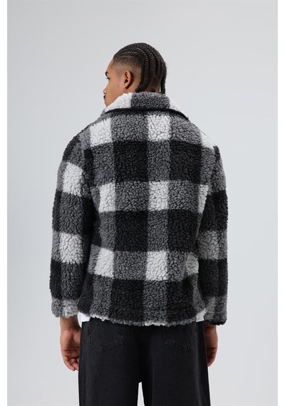 Vamos Oversize Peluş Ekose Ceket Siyah