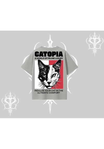 Tarzsokak Modern Kedi Temalı Arka Baskılı Oversize Tshirt Gri