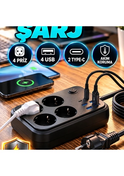 4 Prizli Çoklu Şarj İstasyonu 4 Usb 2 Type-c Ve Termal Akım Koruma Diğer