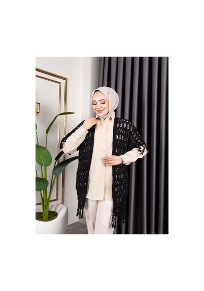 Hira Life Fashion Kadın Mevsimlik Saçaklı Ve Ajurlu Pamuk Triko Hırka Siyah Siyah