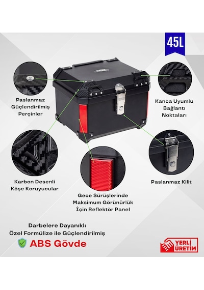 Motosiklet Arka Çanta Karbon Desen Aliminyum Pro-x 45 Litre Motor Çantası Siyah