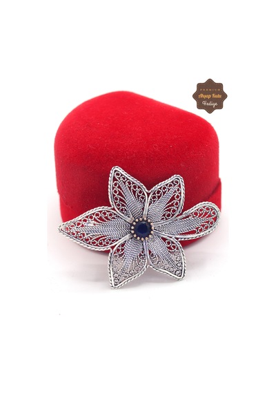 Safir Taşlı Lotus Model Oksitli Telkari Gümüş Kadın Broş 201025191 Gümüş