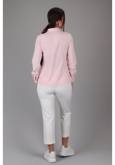 Sweetness Kadın Pudra Pembe Likralı Uzun Kol Pamuklu Klasik Gömlek Pembe