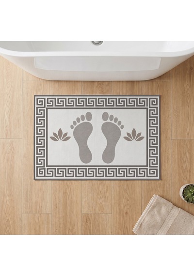 Kartela Halı Ayak İzi Desenli Banyo Paspası Açık Gri Kaymaz Taban Makinede Yıkanabilir 60x90 Cm