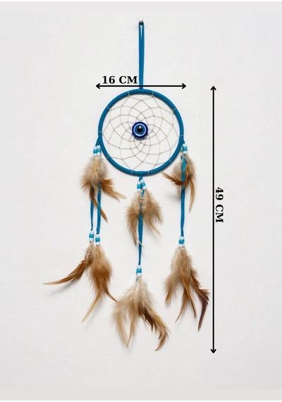 Motifli Düş Kapanı Mavi Rüya Kapanı Dream Catcher Bej Tüylü Nazar Boncuklu Bohem Duvar Süsü Bohem El Yapımı Düş Kapanı