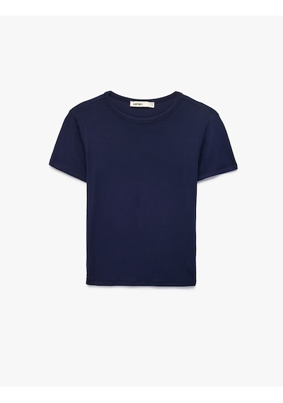 Koton Viskon Kumaş Ribanalı Slim Fit Kısa Kollu Bisiklet Yaka Basic Tişört Lacivert 7wak50010ek