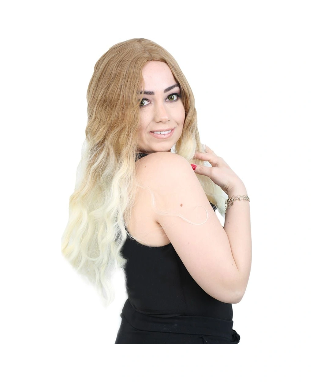Su Dalgası Uzun Perçemsiz Fiber Sentetik Peruk / Balköpüğü / Platin Orta Ombreli - Rzır-462084 Renkli