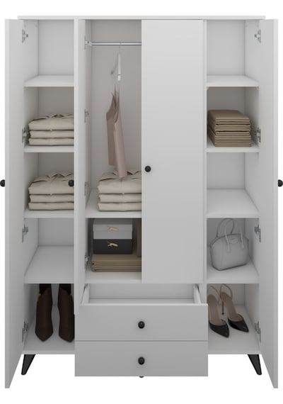 Simple Gardırop 10 Raflı 2 Çekmeceli Tek Askılı 120x44x176 Beyaz Beyaz