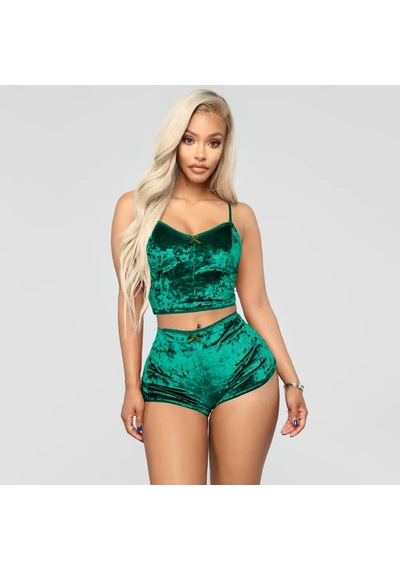 Ece's Design Kadife Pijama Takımı Şort 2'li Set Yumuşak Ev Giyim Loungewear W2001 Yeşil
