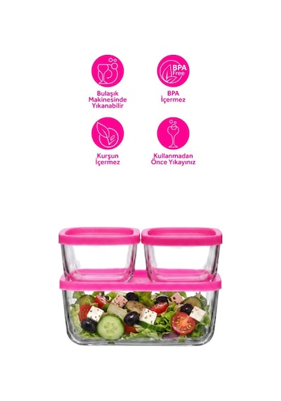 Lav Cube Cam Saklama Kabı Seti 3'lü Büyük Boy 1170 ml Pembe Plastik Kapaklı