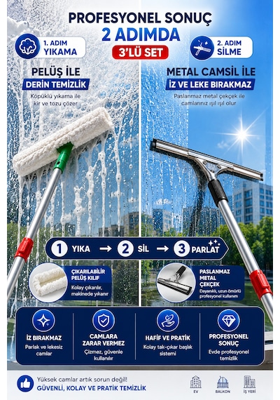 Profesyonel Cam Temizlik Seti 3 Parça - 3 Metre Uzayan Sap + Peluş Aparat + 35 Cm Camsil