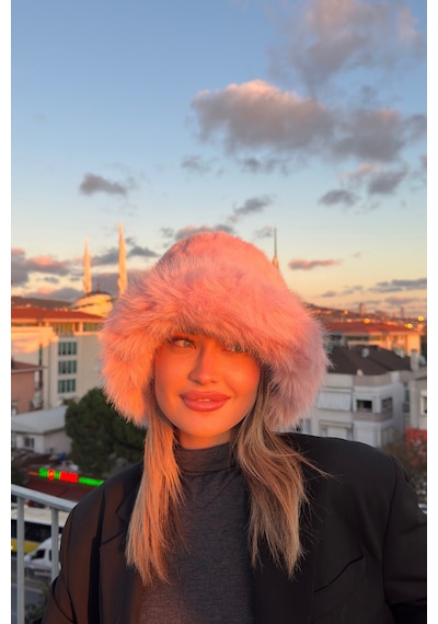 Mollycrush Suni Kürklü Peluş Bucket Kalpak Şapka Luxury Kadın Pembe Rus Slav Tarzı Pembe