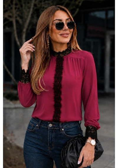 Butik İstanbul Kadın Uzun Kollu Yarı Balıkçı Yaka Dantel Detaylı Sandy Bluz Kırmızı