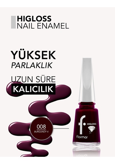 Higloss Uzun Süre Parlaklık Sunan Yüksek Performanslı Işıltılı Bitişli Oje 8682536119726 008burgundyvelvet