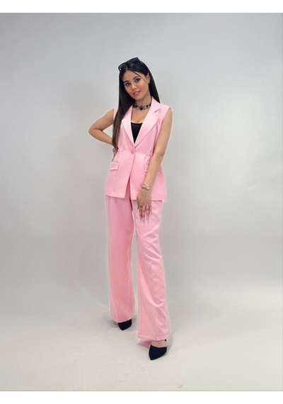 Kadın Beli Yastıklı Yaka Detaylı Yelek Pembe