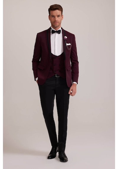 Ysf Erkek Bordo Çıkma Şal Yaka Slim Fit Damatlık